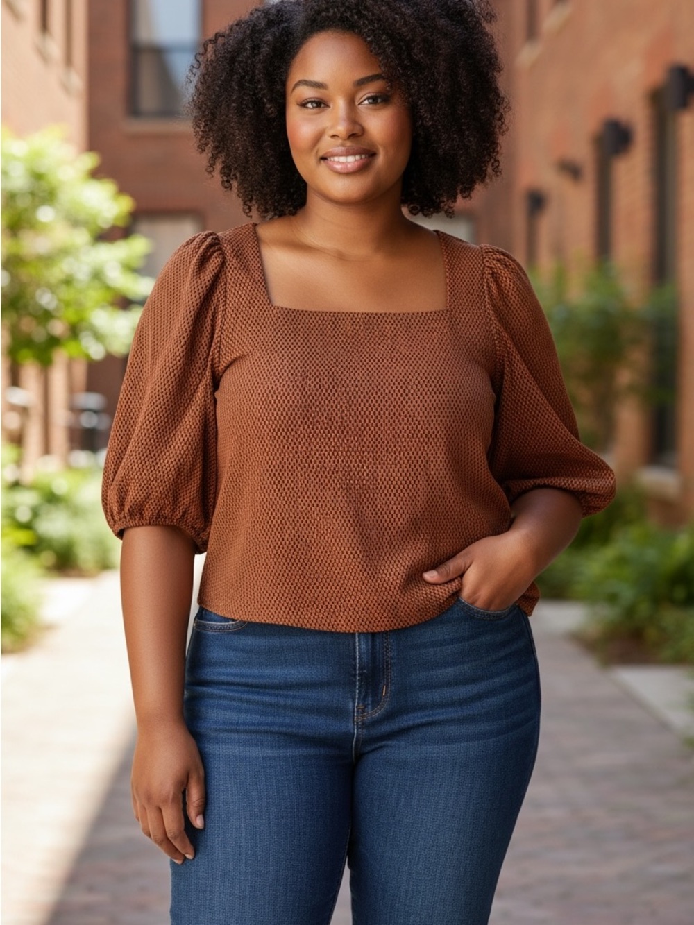 LEVI'S Women’s Rust Brown Puff-Sleeve Blouse with Back Tie size 4x